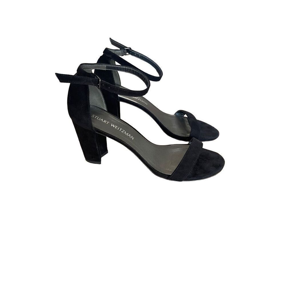 Stuart Weitzman Nearlynude Women’s Size 9.5 Black Ankle Wrap Block Heel Sandals